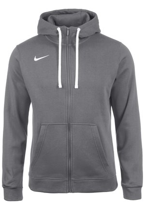 Grå hættetrøje med lynlås, hvide snore, forlommer, lange ærmer og en hvid Nike-logo på venstre bryst.