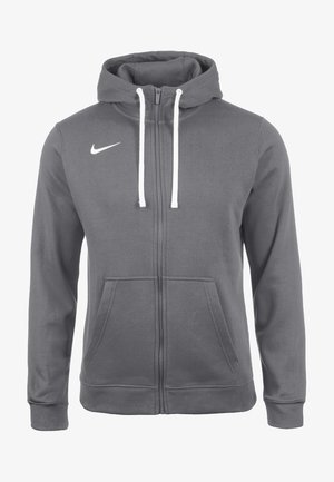 Grijze hoodie met ritssluiting, witte trekkoorden, voorzakken, lange mouwen en een witte Nike-logo op de linkerborst.