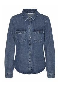 Dunkelblaue Denim-Button-Up-Bluse mit Kragen, langen Ärmeln, zwei Brusttaschen und abgerundetem Saum. Glatte Textur.