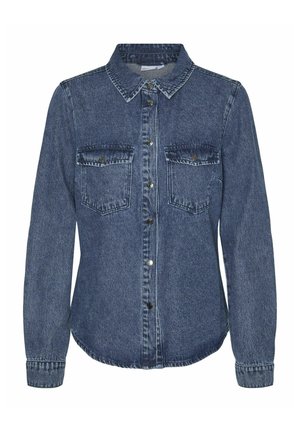 Denim overhemd met knopen in donkerblauw, met een kraag, lange mouwen, twee borstzakken en een gebogen zoom. Gladde textuur.