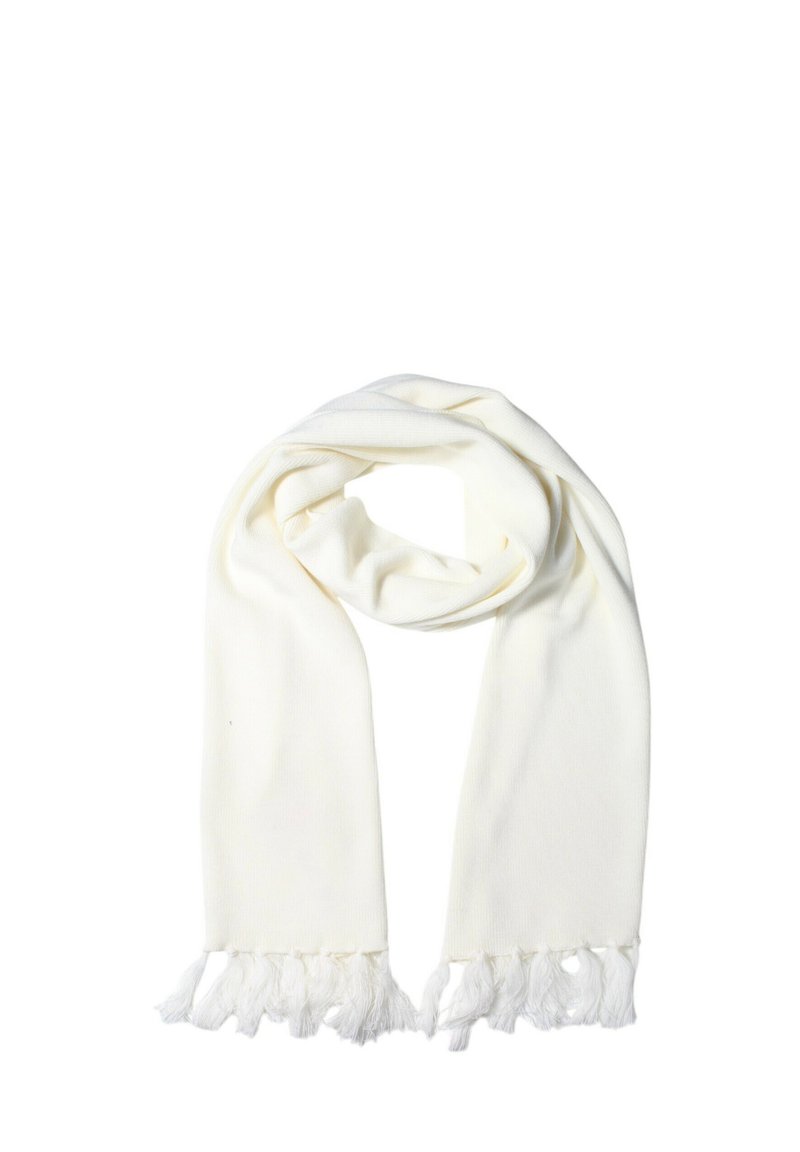 Sciarpa bianca realizzata in materiale morbido, con un design a coste e estremità frangiate, che mostra una texture liscia e un aspetto leggero.