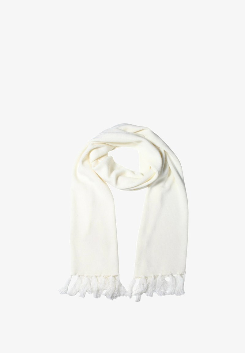 Sciarpa bianca realizzata in materiale morbido, con un design a coste e estremità frangiate, che mostra una texture liscia e un aspetto leggero.