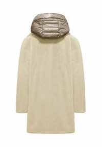 Cream faux fur coat with a light brown puffer hood. The coat has long sleeves and a soft texture, with a simple, straight design.