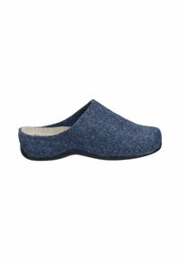 Felt clogs in navy blue with a rounded toe, open back, and a sturdy black rubber sole. Soft texture and seamless design details.