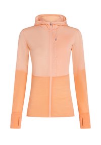Sudadera ligera con cremallera en un degradado de suave rosa a melocotón, con una textura suave, capucha y agujeros para los pulgares en las mangas.