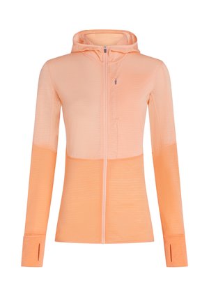 Veste à zip légère en dégradé de rose doux à pêche, avec une texture lisse, une capuche et des trous pour les pouces dans les manches.