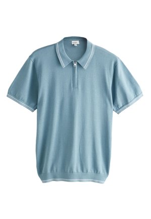Light blue short-sleeve polo shirt with white striped collar and cuffs, front zipper, and ribbed hem.