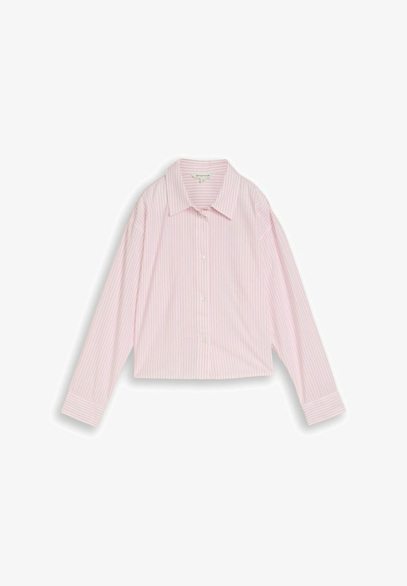Chemise à manches longues à rayures verticales rose clair et blanches, avec col et boutons, présentée à plat sur un fond blanc.