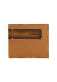 Portafoglio in pelle color tan con una texture liscia, dotato di una tasca trasparente per carte e sottili dettagli di cucitura. Nome del marchio impresso in rilievo.