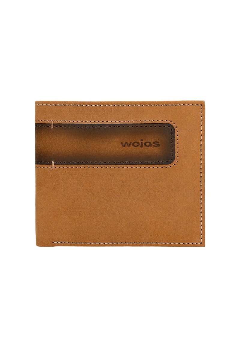Portafoglio in pelle color tan con una texture liscia, dotato di una tasca trasparente per carte e sottili dettagli di cucitura. Nome del marchio impresso in rilievo.