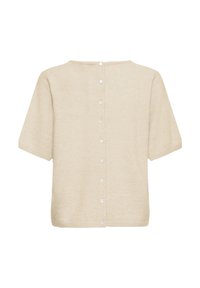 Beige short-sleeve knit cardigan with pearl buttons running down the back and a round neckline.