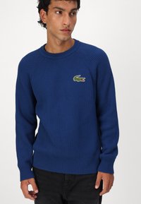 Blauer gerippter Pullover mit Rundhalsausschnitt, langen Ärmeln und einem kleinen grünen Krokodil-Logo auf der linken Brust. Hergestellt aus strukturiertem Stoff.