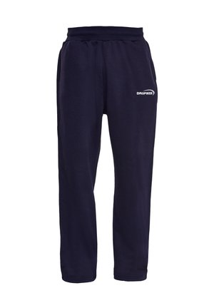 Navy blue casual sweatpants with elastic waistband and side pockets, featuring a white "Dropsize" logo on the upper left thigh.