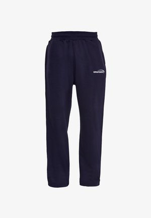 Pantalon de survêtement décontracté bleu marine avec taille élastique et poches latérales, arborant un logo blanc "Dropsize" sur la partie supérieure de la cuisse gauche.