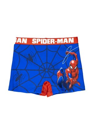 Shorts de bain pour garçons sur le thème de Spider-Man, bleus avec des accents rouges, présentant un grand graphique de Spider-Man et un motif de toile d'araignée. Taille élastique.