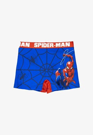 Spider-Man thema jongens zwemshorts, blauw met rode accenten, voorzien van een grote Spider-Man graphic en een spinnwebdesign. Elastische tailleband.