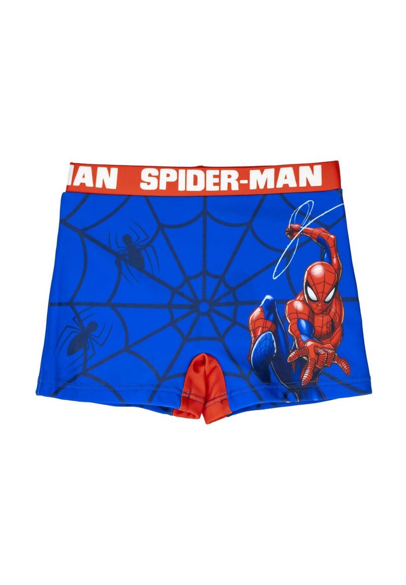 Spider-Man thema jongens zwemshorts, blauw met rode accenten, voorzien van een grote Spider-Man graphic en een spinnwebdesign. Elastische tailleband.