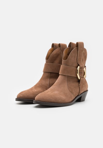 Botine din suede maro, cu vârful ascuțit și toc mic. Dispun de o curea lată cu o cataramă rotundă aurie pe lateral.