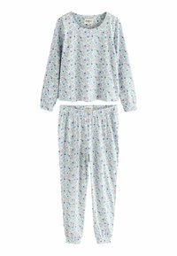 Dva dela pižame v svetlo modrem materialu z rožnatim vzorcem, ki vključuje rože v roza, vijolični in beli barvi. Majica z dolgimi rokavi in hlače z elastičnim pasom.