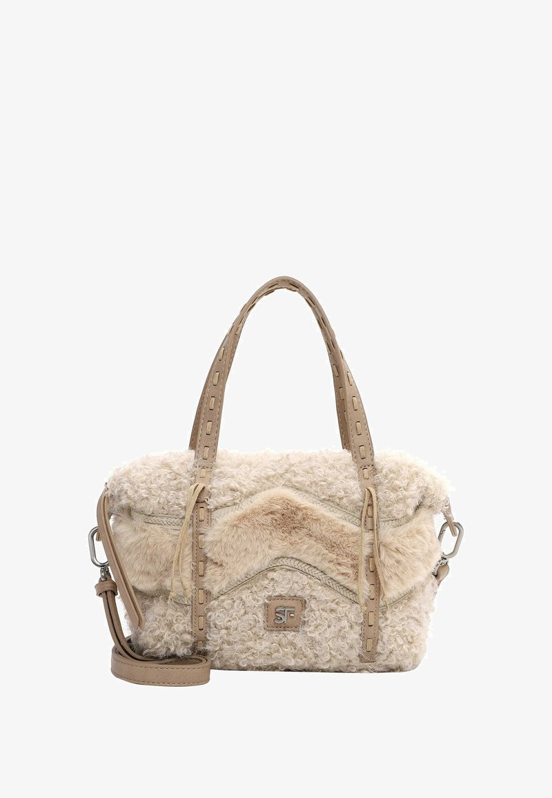 Dirbtinio kailio rankinė kreminės ir smėlinės spalvos, su tekstūruotu banguotu raštu, dviem viršutinėmis rankenomis ir reguliuojama petneša. Pavaizduota logotipo etikete.