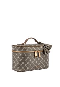 Necessaire cosmetico verde e bianco con motivo a pattern, superficie liscia, cerniere dorate, manico superiore e dettaglio a nastro sul lato.