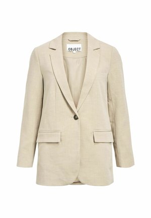 Blazer en lin beige avec une fermeture à un bouton, des revers à cran et deux poches avant. Texture lisse et coupe décontractée. Étiqueté "OBJECT."