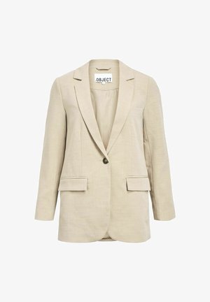 Kreminės lino švarkas su vienu mygtuku, notch tipo apykakle ir dviem priekinėmis kišenėmis. Lygus audinys ir laisvas siluetas. Pažymėtas „OBJECT“.