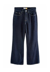 Jean en denim bleu foncé à jambe large, comportant cinq poches, des coutures dorées et une fermeture par bouton à l'avant.