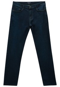 Dark blue denim jeans with a classic straight cut, featuring five pockets and a front button closure. Smooth texture with minimal stitching details.