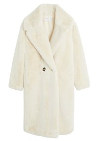 Crème faux bont jas met een getopt kraag, enkele knoopsluiting en brede mouwen. Zachte textuur met een middellange ontwerp.