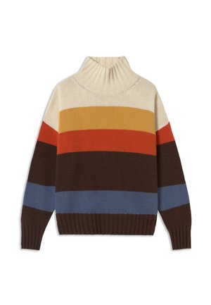 Un pull en tricot avec un col montant à côtes, présentant de larges rayures horizontales en crème, orange, jaune, marron et bleu.