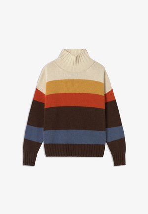 Suéter de punto con un alto cuello acanalado que presenta atrevidas franjas horizontales en colores crema, naranja, amarillo, marrón y azul.