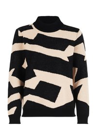 Knitted sweater featuring a black and beige zigzag pattern, high neck, and ribbed cuffs. Soft texture with a cozy, relaxed fit.
