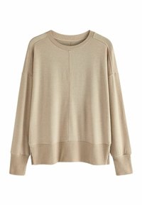 Vaaleanbeige neulepaita rentoa istuvuutta, ribbausvariantteja hihansuissa ja helmassa, pyöreä pääntie sekä laskettu olkalinja. Pehmeä pinta, jossa on vain vähän saumoja.