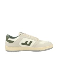 White and olive green sneaker featuring a smooth texture, round toe, lace-up design, and a curved logo cutout on the side.
