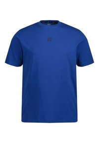 Blauwe katoenen t-shirt met een ronde hals, korte mouwen en een kleine zwarte print op de borst. Gladde textuur, casual ontwerp.