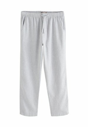 Pantalons à cordon de serrage gris clair avec une coupe décontractée, dotés de poches latérales et d'un tissu texturé subtil. Taille élastique pour plus de confort.