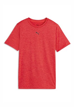 T-shirt de sport rouge à manches courtes avec texture chinée et petit logo Puma noir centré sur la poitrine.