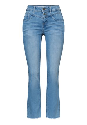 Světlé modré džínové kalhoty s vysokým pasem, dvěma předními knoflíky, mírným vyblednutím a neupraveným lemem dole.