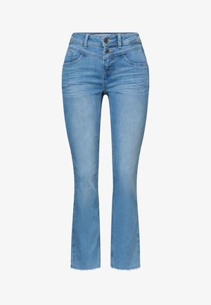 Jasnoniebieskie dżinsy z wysokim stanem, dwoma przednimi guzikami, lekkim wyblaknięciem i surowym wykończeniem na dole.