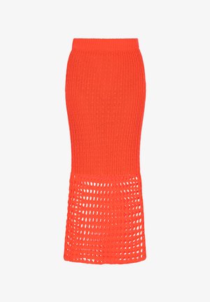 Kootud oranž seelik, millel on sobitatud vöökoht, tekstuuriga soonikkoht ja mustriga avar kudumine alumises osas, et tagada hingavus.