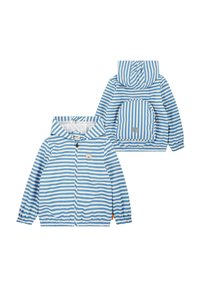 Chaqueta ligera a rayas azul y blanca con capucha, puños elásticos, cremallera frontal y un pequeño logo de oso en el pecho. Cuenta con un bolsillo delantero.