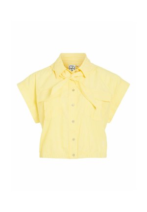 Short-sleeve yellow button-up blouse with a front bow tie and subtle vertical stripes.