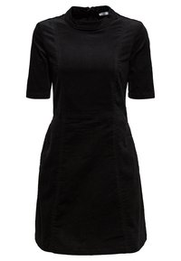 Schwarzes kurzärmliges Kleid aus Baumwolle mit hohem Ausschnitt, tailliertem Schnitt und subtilen Nähdetails. Einfaches, klassisches Design.