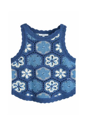 Blaues, ärmelloses Häkeloberteil mit sechseckigen Blumenmustern in verschiedenen Blau- und Weißtönen, gewellten Kanten und rundem Ausschnitt.