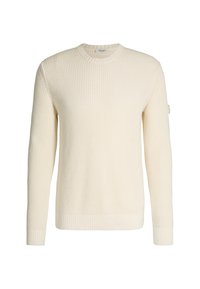 Cream-colored sweater with a textured knit pattern, round neckline, ribbed cuffs, and hem. Manufacturer label visible inside neckline.