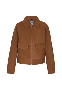 Giacca marrone con zip realizzata in tessuto liscio; presenta un colletto a punta, due tasche frontali e un design corto. Dettaglio di cucitura semplice.