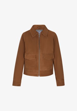 Jachetă maro, cu fermoar, dintr-un material neted; dispune de o rever ascuțit, două buzunare frontale și un design scurt. Detalii simple de cusătură.
