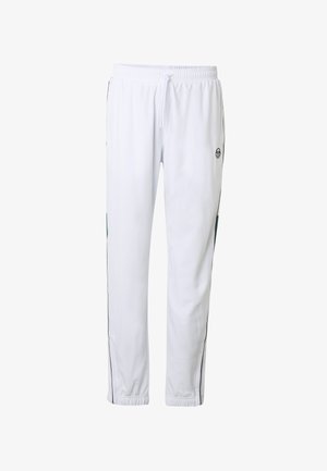 Witte sportbroek met elastische tailleband, zijstrepen, trekkoord en klein rond logo aan de bovenkant van het dijbeen.