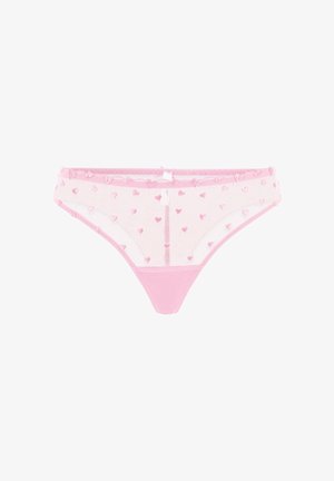 Sous-vêtements féminins légers rose clair transparents avec petits cœurs brodés et bordure en dentelle le long de la ceinture et des ouvertures pour les jambes.